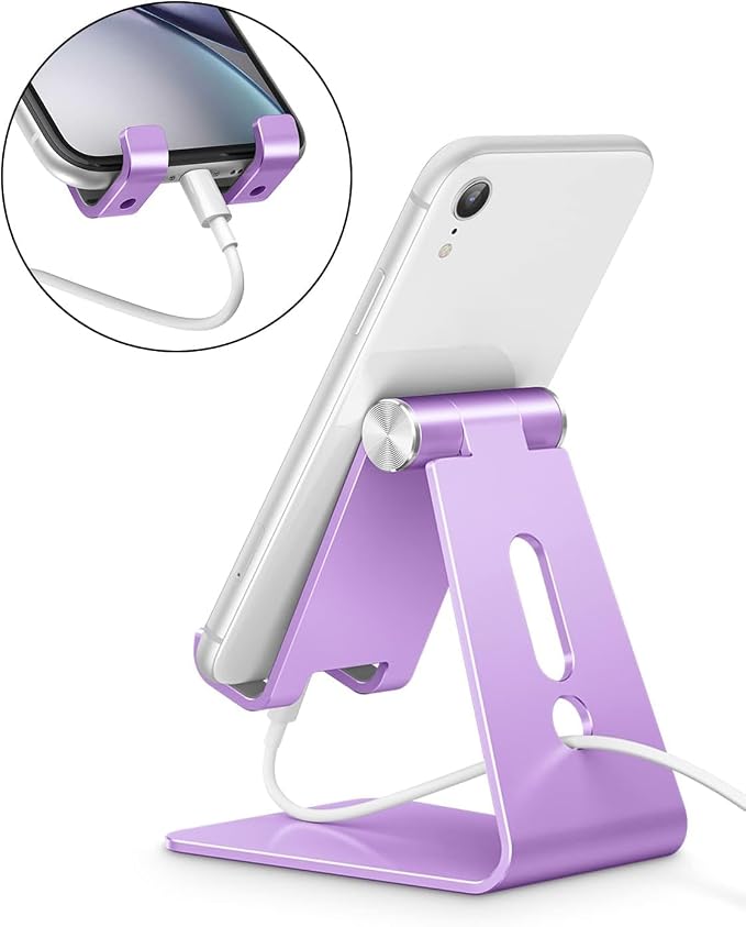 OMOTON Adjustable Cell Phone Stand, C2 Aluminum Desktop Phone Holder Dock Compatible with iPhone 15 14 13 Xs XR 8 Plus 7 6, Samsung Galaxy, Google Pixel, Android Phones, Purple