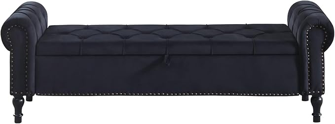 Storage Bed Bench for Bedroom, 67 Inches End of Bed Bench, Velvet King Size Bench with Arms, Tufted Button Storage Ottoman Benches, Upholstered Bench for Bedroom, Living Room, Entryway, Black