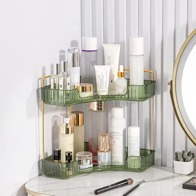Corner Bathroom Counter Organizer, Vanity Tray for Skincare Makeup, 2-Tier Counter Shelf (Green)