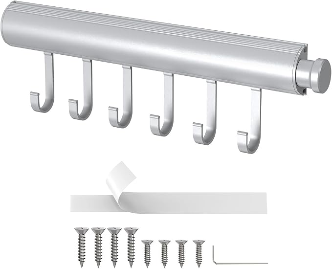 12 inch Valet Rod for Closets Pull Out, Closet Rods Extenders for Hanging Clothes Telescoping Adjustable With 6 Hooks (Silver, 12 Inch-1 Pack)