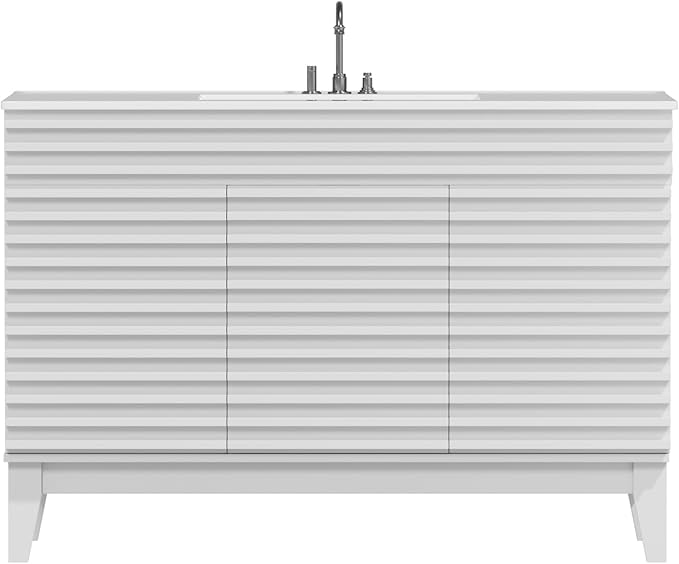 ROOMTEC 48" Bathroom Vanity with Sink, Mid-Century Freestanding Bathroom Vanity Sink with Storage, Undermount Ceramic Sink, Cabinet Particleboard Frame with Wood Grain Laminate, White