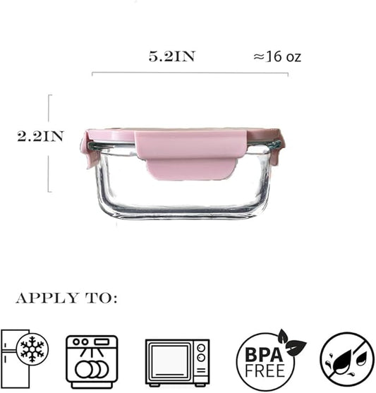 Square 2cup Glass Food Storage Containers with Airtight Lids, 16oz Glass Meal Prep Containers, Square Food Bowl For Lunch, Fruit, Snack, Dishwasher Microwave Freezer Safe (Pink+Green)
