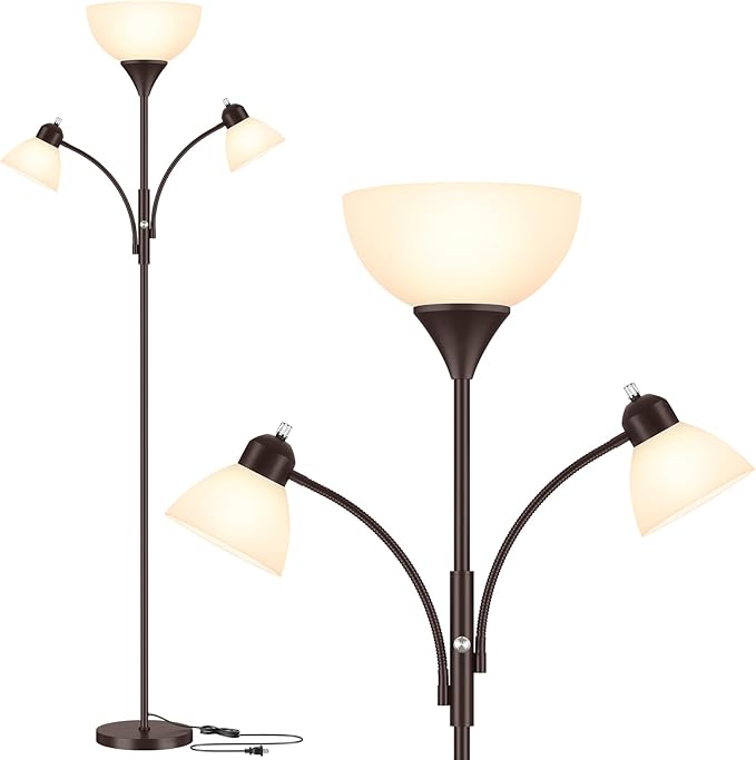 Floor Lamp for Living Room,72" Dimmable Torchiere Lamp with 2 Reading Lights for Bedroom, Brown Tall Standing Room Lamp, 3 Bulbs Included