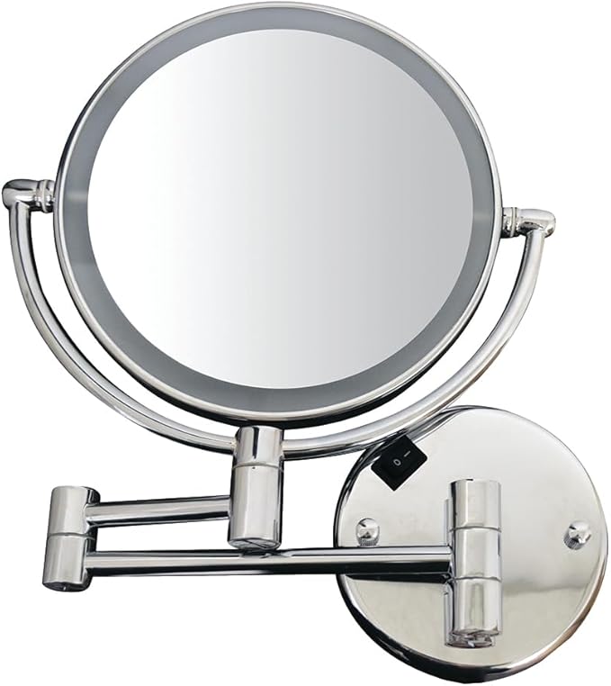 Whitehaus Wall-Mounted LED Magnifying Mirror – 8” Dual-Sided Mirror with 7X Zoom, Extendable Arm, Touch-Activated Light, Polished Chrome