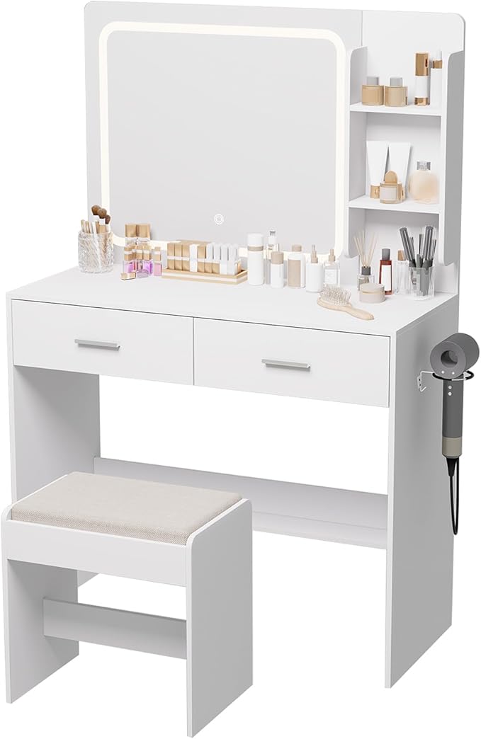 Makeup Vanity with Lighted Mirror & Electrical Outlet - 2 Shelves, 2 Drawers, Bottom Storage - Comes with Upholstered Stool (White)