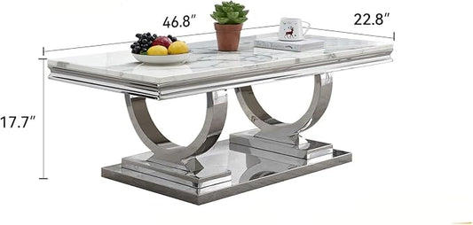 1 Piece Living Room Coffee Table Luxury Faux Marble Center Table, Modern White Silver Coffee Table with Double O Shape Stainless Steel Pedestal Base, 1 Table Only