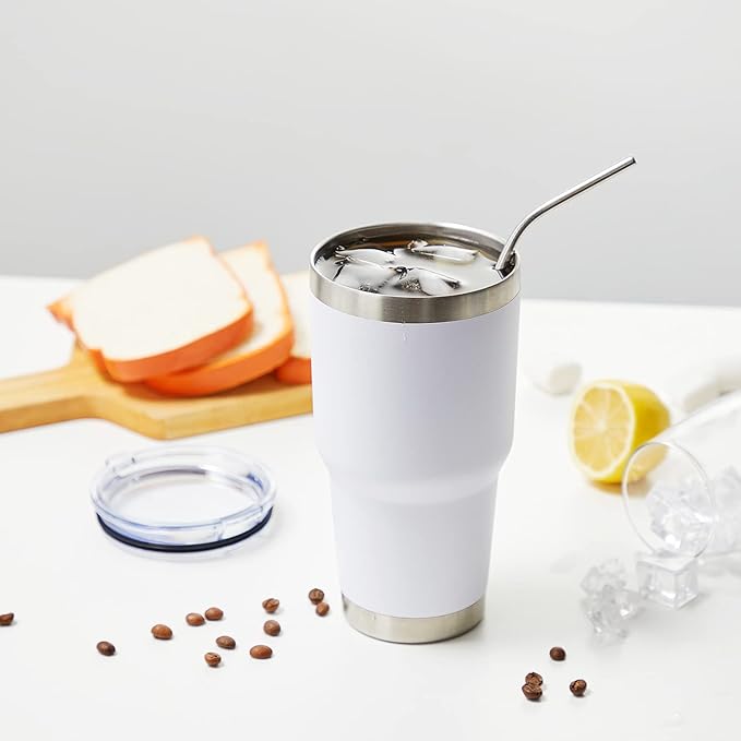 MEWAY 30oz Insulated Tumbler With Lids and Straws,Stainless Steel Double Vacuum Coffee Tumbler Cup, Brush, Durable Powder Coated Coffee Cup for Cold & Hot Drinks, Office(White,4 PACK)
