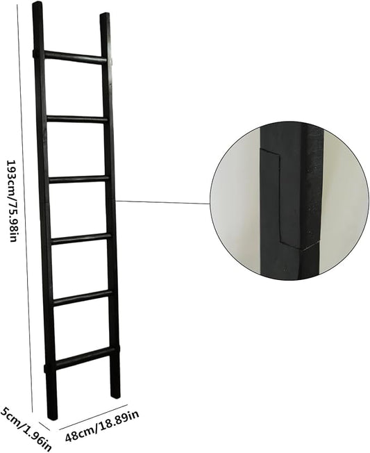 Wooden Blanket Ladder - Natural & Motley Wood - Leaning Wall Decor for Bedroom, Bathroom, Living Room - Rustic Quilt Holder & Towel Rack (Black Wood Color, 76in(6-Tier))