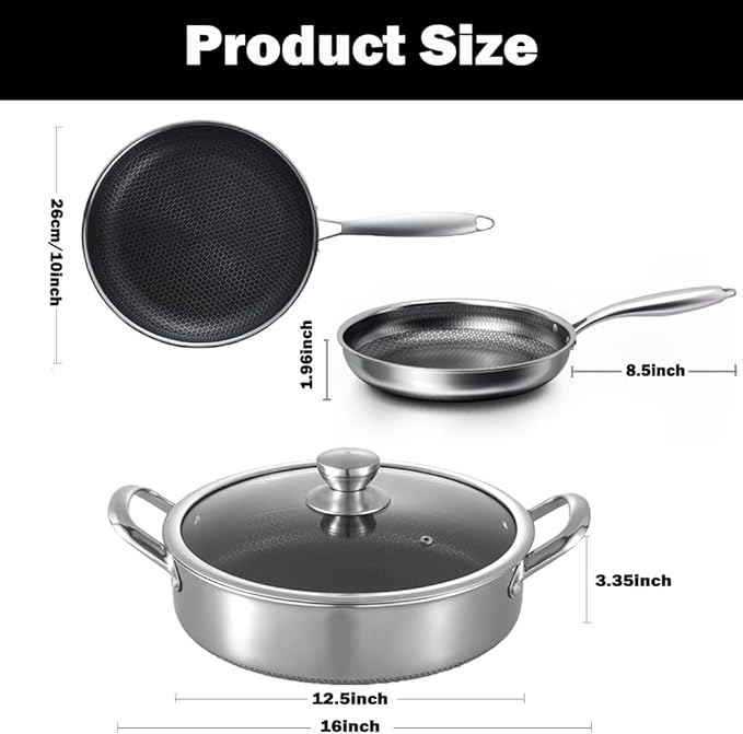 Hybrid Stainless Steel Cookware Set-6QT Sauté Pan with Lid,10 Inch Nonstick Frying Pan,Induction Compatible,PFOA Free,Dishwasher & Oven Safe