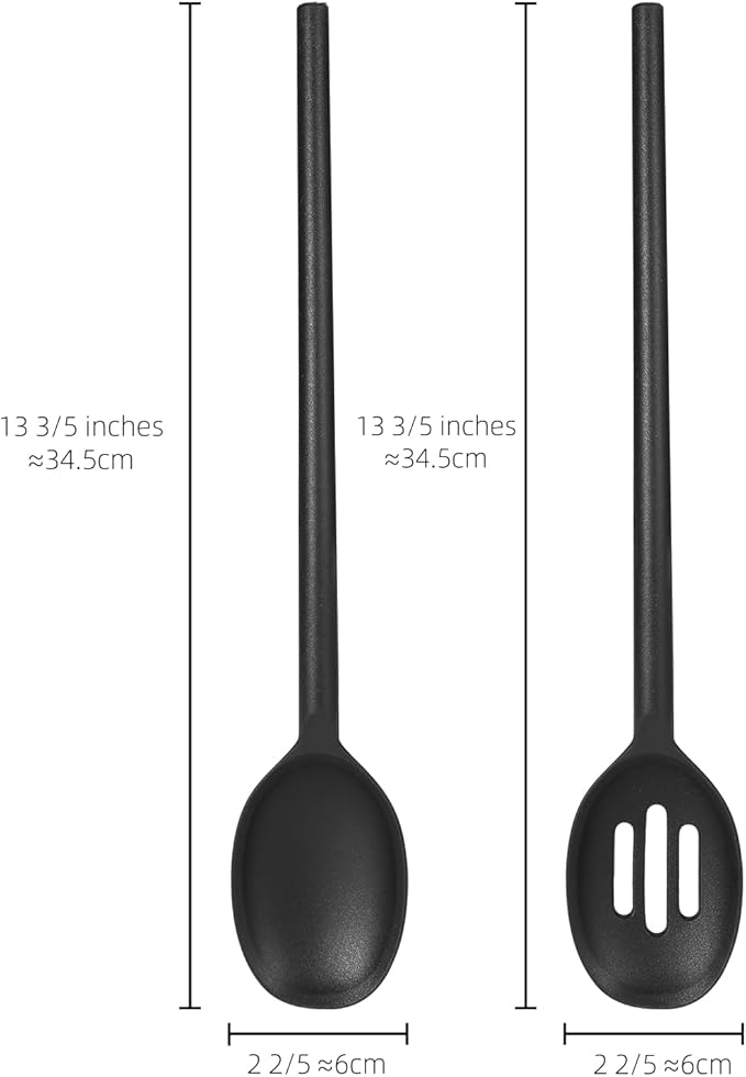 Silicone Cooking Solid and Slotted Spoon Set, High Heat Resistant Stiff Mixing Spoon, Extra Long Large Kitchen Utensil for Stirring and Serving, 13.6 Inches