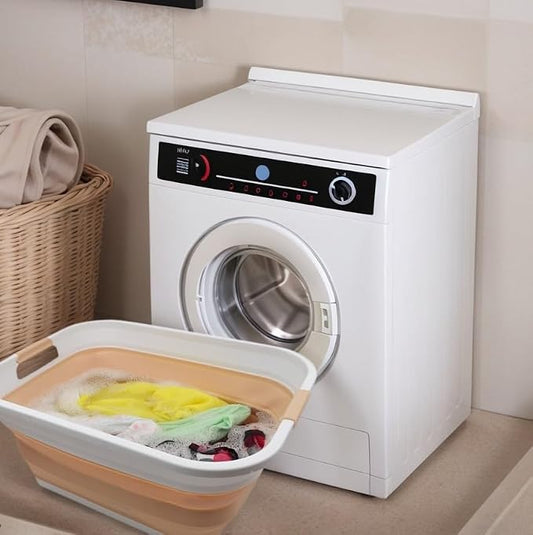 SAMMART 41L (10.8 gallon) Collapsible Plastic Laundry Basket - Foldable Pop Up Storage Container/Organizer - Portable Washing Tub - Water capacity: 32L (8.4 gallon) (Rectangular, White/Beige)