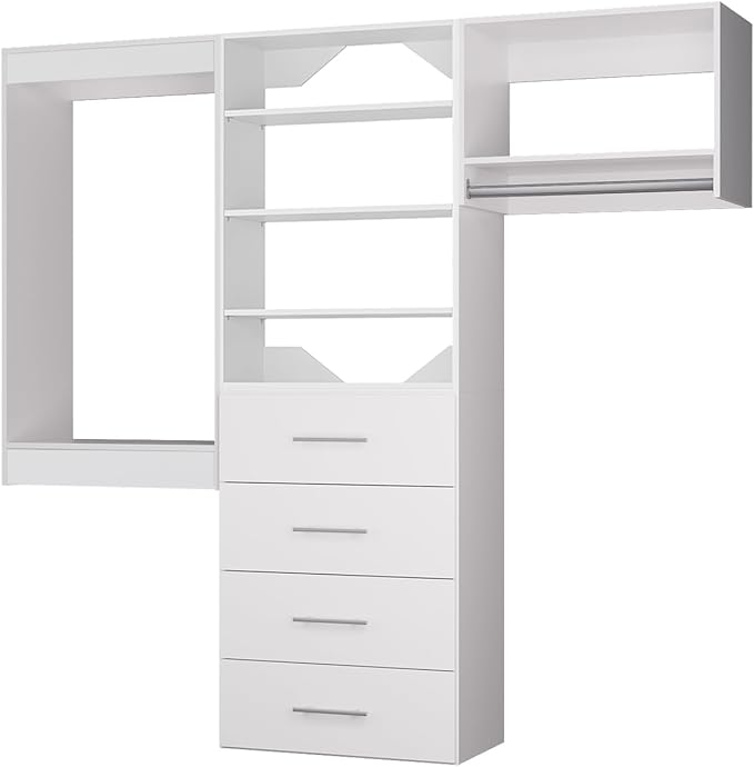 ROOMTEC Modular Closet System, 90" Wall Mounted Closet Organizer with Hanging Rods and Drawers, Modern Wooden Tower for Walk-In Closets, Wardrobe Storage Kit, White