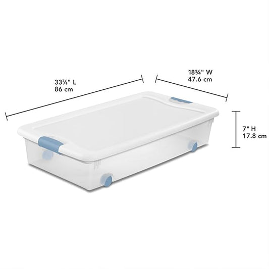 Sterilite 8-Pack Wheeled Latching Box, Plastic Under Bed Storage Bins with Lids, 56 Quart - Large Clear Stackable Tote Organizer Containers for Closet, Bedroom, Bathroom, and Office Organization