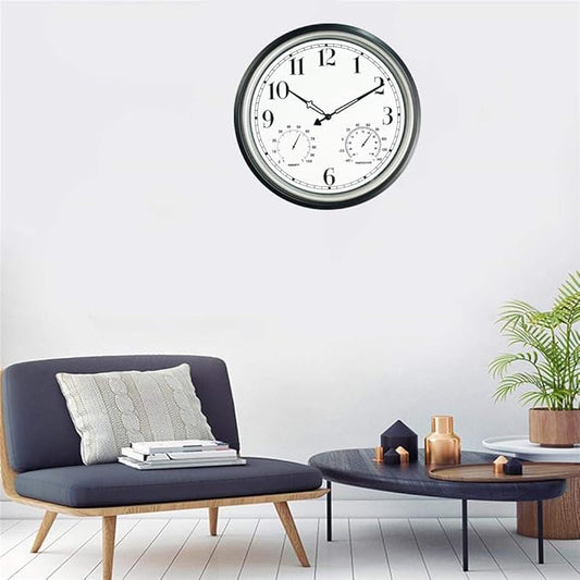 Rsobl 16 Inch Large Indoor Outdoor Wall Clock,Waterproof Non-Ticking Clock with Thermometer and Hygrometer Combo,Battery Operated Clock Wall Decorative- Silver