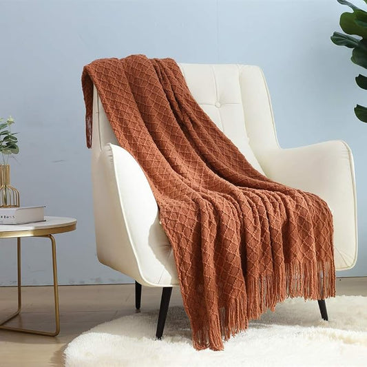 CREVENT Farmhouse Boho Knitted Throw Blanket for Couch Sofa Chair Bed Home Decoration, Soft Warm Cozy Light Weight for Spring Summer Fall (60''X80'' Caramel)