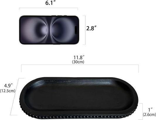 dwellington Wooden Farmhouse Decorative Tray, 12in Rustic Beaded Tray for Living Room Decor, Kitchen Table Décor, Oval Coffee Table Serving Tray (Black)