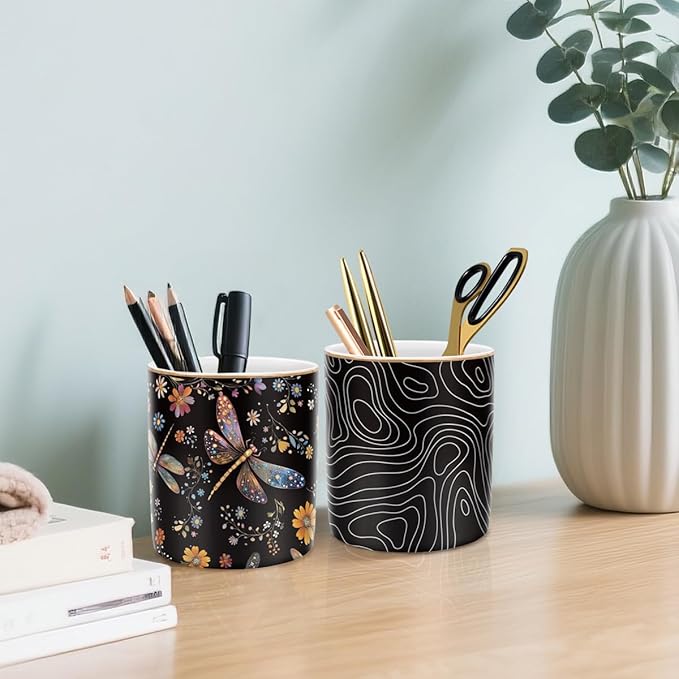 WAVEYU Pen Holder, Pencil Cup for Desk, Cute Makeup Brush Holder, Durable Ceramic Organizer Decor for Room, Office, Classroom, Cute Dragonfly Pattern