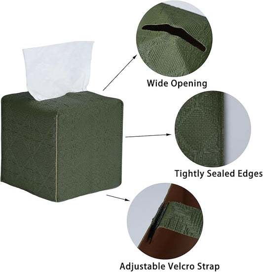 Tissue Box Cover 2-Pack, Square Tissue Holder with Bottom Belt, Modern Tissue Case Facial Paper Organizer Dispenser for Bathroom, Office, Home, Table, Car, Green, Linen Pattern
