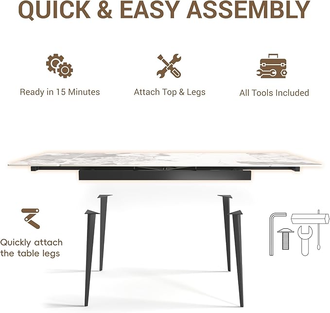 Honyee Extendable Rectangular Dining Table, 47–71 Inch Expandable Kitchen & Dining Room Table for 4–8, Easy-Clean Marble-Look Sintered Stone Top, Modern Dining Table for Small Spaces