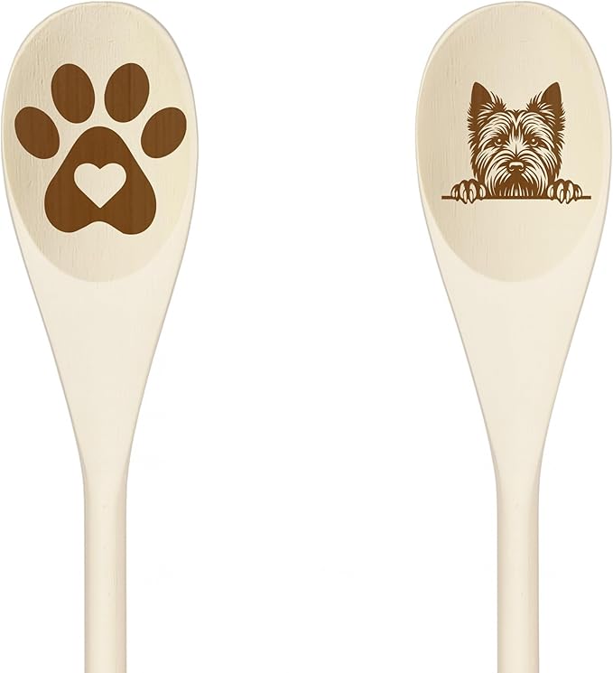 NORWICH TERRIER Wooden Spoons for Cooking, Serving or Decorative Kitchen Utensils Set Dog Lover Dog Mom/Dad Gift with Peeking Dog Designs, Paw Print and Dog Head, Kitchen Utensils Set of 2