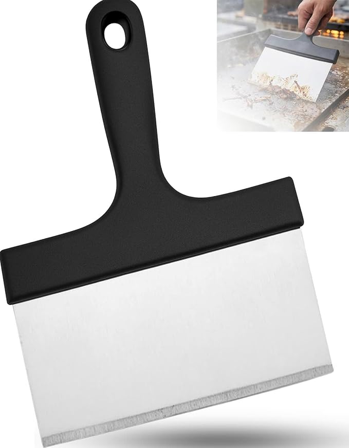 Grill Scraper, Stainless Steel Food Scraper with Handle – Heavy Duty Grill Scraper for Outdoor Grill, Flat Top Grill Cleaner, BBQ Tools & Accessories for Easy Grease and Stain Removal (Style 02)