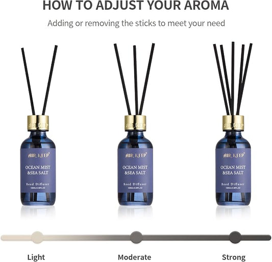 Airkeep Reed Diffuser Set, 3.38 fl oz (100 ml) - Ocean Mist&Sea Salt Oil Diffusers with 8 Reed Sticks, Home Fragrance Reed Diffuser for Bathroom Shelf Decor