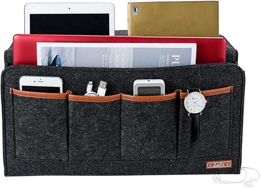 Zafit Bedside Caddy, 7 Pockets Large Size Bedside Organizer Caddy for Magazine Remotes Phone (17.3'' x 18.1'', Dark Grey)
