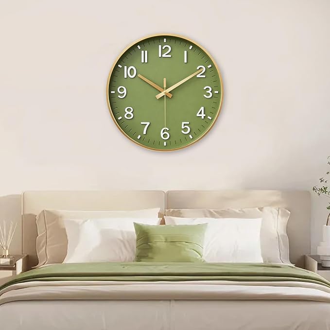 HZDHCLH Wall Clocks Battery Operated,Wall Clock Green Gold,10 inch Wall Clock Silent Non Ticking Modern 3D Numbers for Kitchen Bedroom Living Room Office Classroom Decor