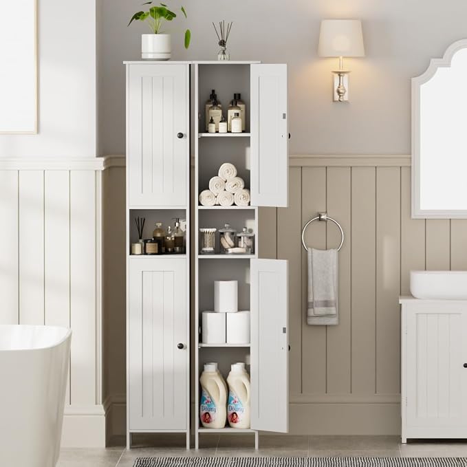 Homleke Tall Bathroom Storage Cabinet with 2 Doors, 67"H Narrow Storage Cabinet with Adjustable Shelves& Anti-Tip Design, Reversible Door Installation, Easy Assembly, 11.8 x 11.8 x 66.9 Inches, White