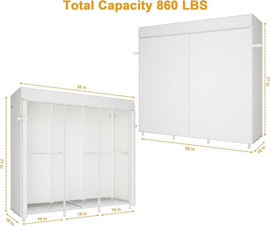 ULIFHOME E14C Heavy Duty Closet Organizer System,Freestanding Clothing Racks for Hanging Clothes,Adjustable Garment Rack 58" W × 16" D × 77" H Hold 860 lbs,White Rack with White Cover