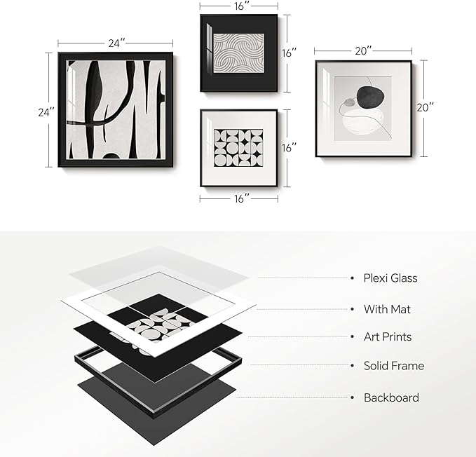 4 Piece Framed Modern Black and White Wall Art Set, Large Minimalist Abstract Canvas Picture Artwork Decor, Contemporary Line Gray Prints Painting for Living Room Hallway Bedroom Office