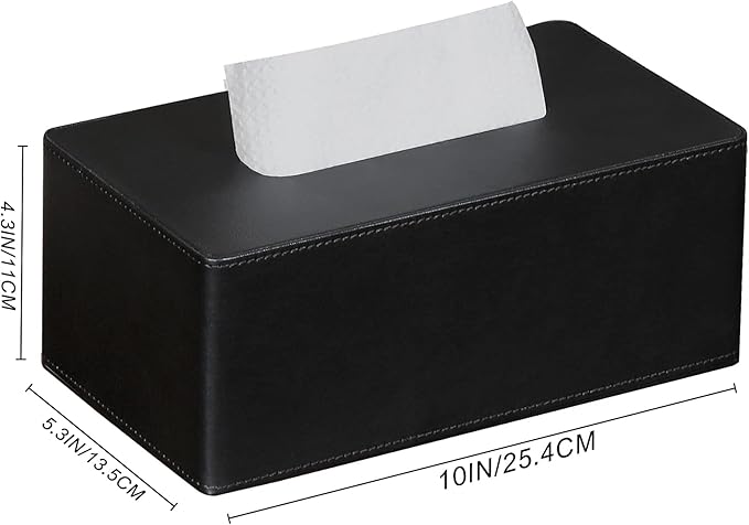 GOLRANLYE Tissue Box Cover Rectangular 9.8"(L) x 5.3"(W) x 4.3"(H) Refined Modern PU Leather Facial Tissue Dispenser Box Holder for Dresser Bathroom Decorative (Black)