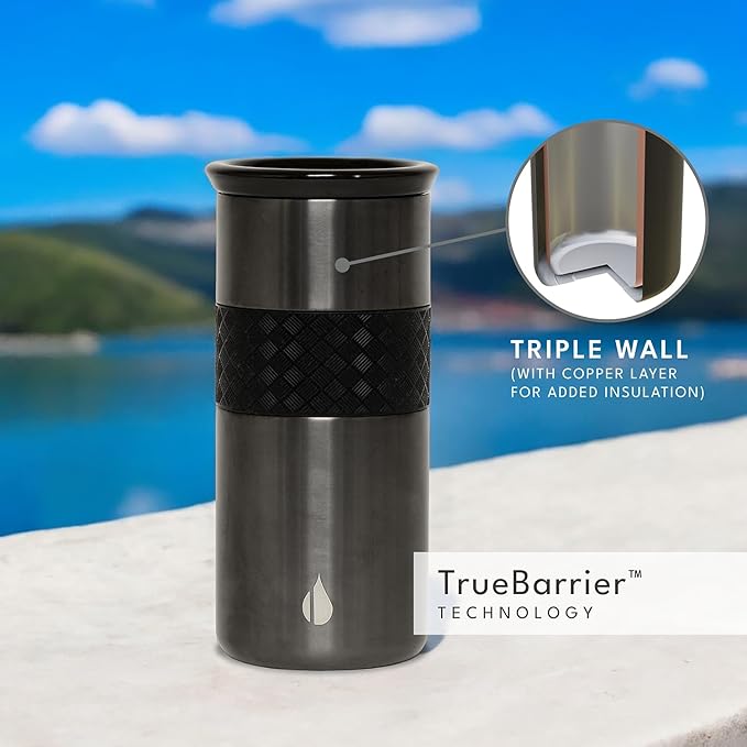 Elemental Artisan Insulated Tumbler, Triple Wall Coffee Travel Mug, Reusable Stainless Steel Coffee Tumbler with Ceramic Lid, Thermal Coffee Cups for Hot (6 Hrs) & Cold (18 Hrs), 16oz - Gunmetal