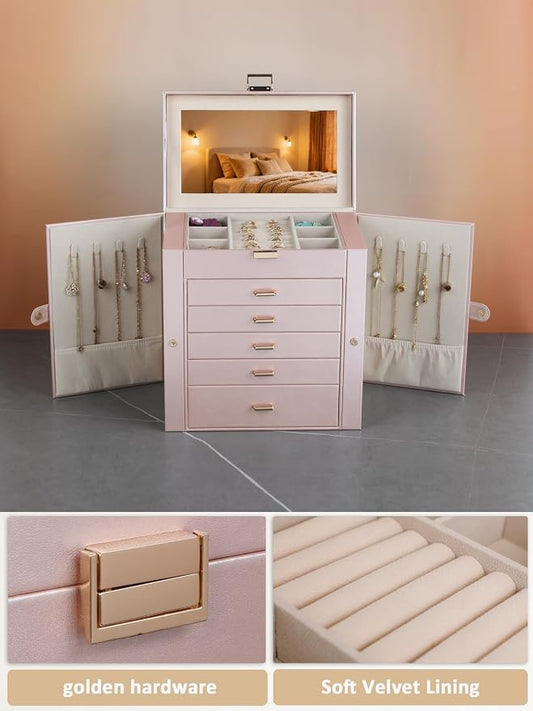 BOOVO Jewelry Box For women, 6 Layer Large Jewelry Organizer With Mirror, Multi-Function Storage Box With Lock, Necklace Holder With 5 Drawers, For Earrings Necklace Bracelet (Rose Gold and Gold)