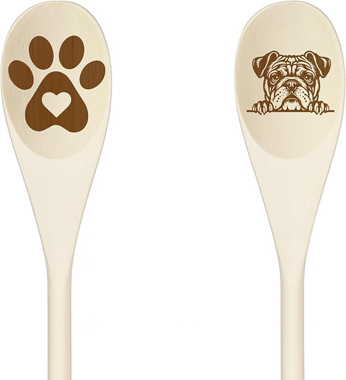 CONTINENTAL BULLDOG Wooden Spoons for Cooking, Serving or Decorative Kitchen Utensils Set Dog Lover Dog Mom/Dad Gift with Peeking Dog Designs, Paw Print and Dog Head, Kitchen Utensils Set of 2