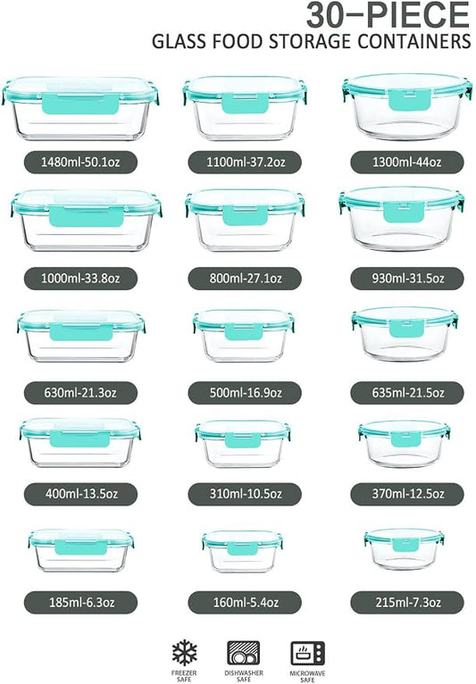 30 Pieces Glass Food Storage Containers with Upgraded Snap Locking Lids,Glass Meal Prep Containers Set - Airtight Lunch Containers, Microwave, Oven, Freezer and Dishwasher Friendly (Green)