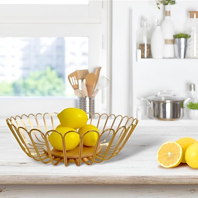 7UYUU Gold Fruit Basket Metal Wire Fruit Basket Bowl Kitchen Countertop Large Storage Serving Holder for Lemon Banana Onion - Wooden Stand - 12 Inch (Gold Wood)