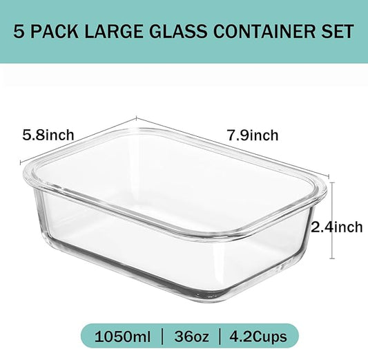 5 Pack 36oz Large Glass Food Storage Containers with Lids Airtight Food Storage Meal Prep Containers for Lunch, Dishwahser, Microwave, Oven and Freezer Safe