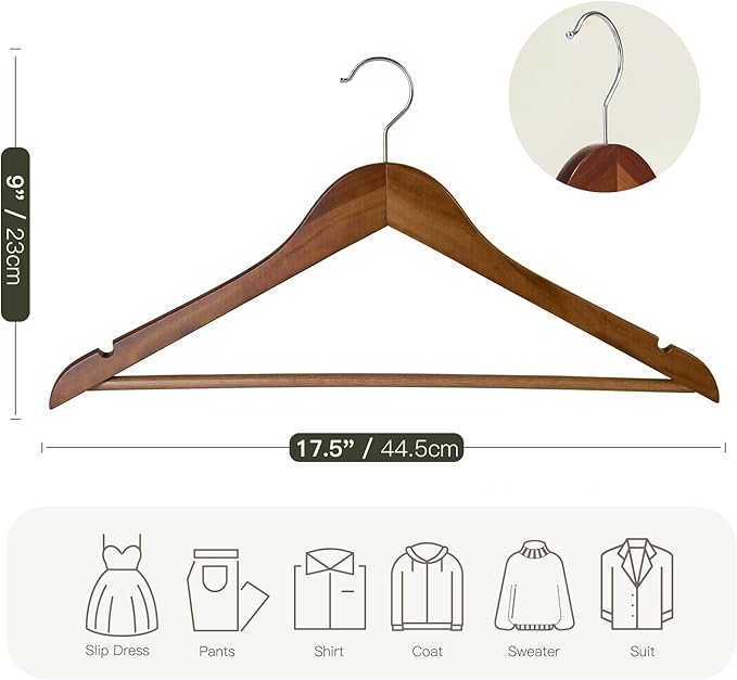 Wooden Hangers 10 Pack: Solid Shirt Hangers with Pants Bar, Heavy Duty & Slim Coat Hanger, for Suit Coat Jacket Pants (Walnut)