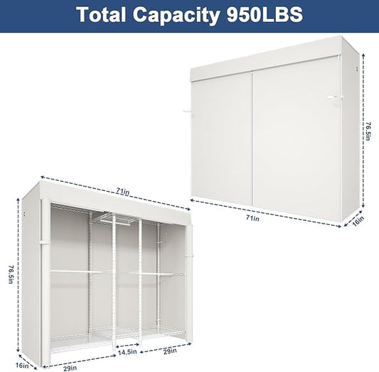 Ulif E12C Pro Heavy Duty Closet Organizer System,Freestanding Clothing Racks for Hanging Clothes,Adjustable Garment Rack 71"W x 16"D x 76.5"H Hold 960lbs,White Clothing Rack with White Dustproof Cover