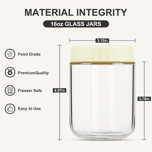 SHOWIN Overnight Oats Containers with Lids, 16oz Glass Jars with Lids 4 pcs, Milk White, Wide Mouth Mason jars for Salad, Yogurt, Snacks, Meal Prep