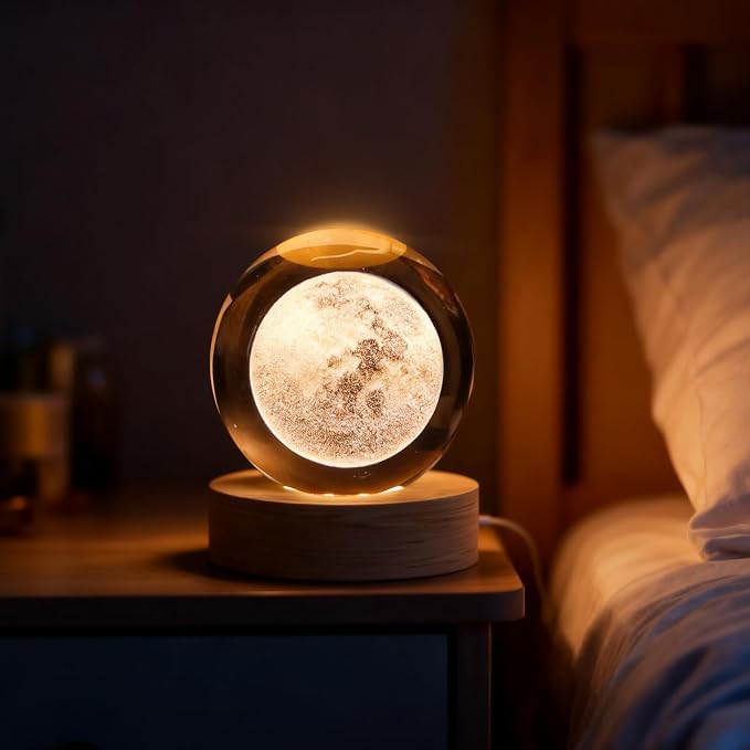 3D Moon Crystal Ball, 2.4inch Space Decorative Quartz Glass Ball, Astronomy Present Glass Sphere, Physics Crystal Display Sculpture Home Decor Crafts for Women Office Desk
