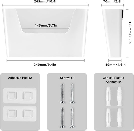 JOMOLA No Drilling File Holder 2 Pack Mail Organizer Wall Mount File Organizer Holder Office Wall Hanging Files Magazines Organizer Plastic Door Mount Wall Pocket with Adhesive Pad, White Color