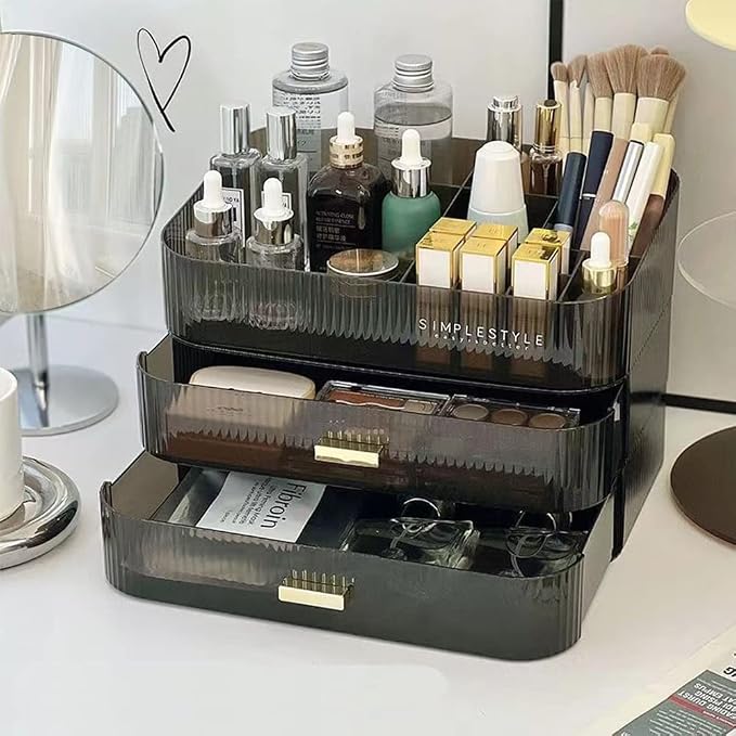 Makeup Organizer with Stackable Drawers, Bathroom Vanity Organizers and Storage, Ideal for Desk and Dresser Countertops, Great for Cosmetics, skincare, Lipsticks, Nail Care -Black