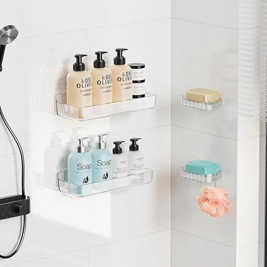 Sotfamily Clear Shower Caddy, Acrylic Wall Mounted Shower Shelves with Soap Dish & Adhesive Pads for Bathroom Organizers and Storage, No Drill Shower Caddies for Bathroom Decor