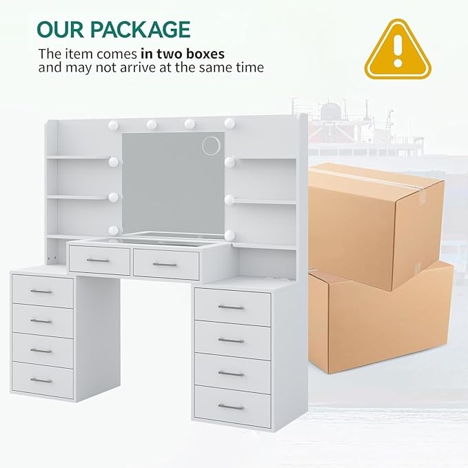 55'' W Makeup Vanity with Mirror & Lights, 10 Drawers Vanity Desk with Charging Station, 6 Open Shelves, 3 Lighting Modes Brightness Adjustable, Glass Top Vanity with Chair for Bedroom, White