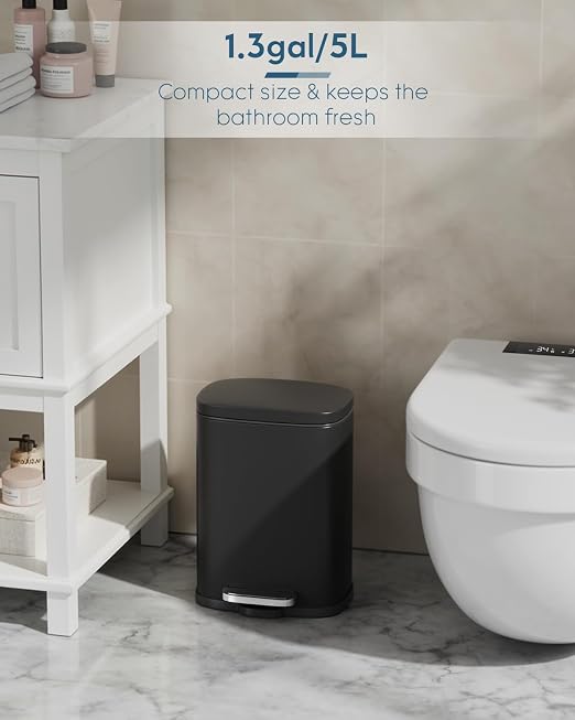 Arlopu 13.2+1.3 Gallon Step Trash Can, Stainless Steel Garbage Bin, Soft-Close Rubbish Bin with Removable Plastic Inner Bucket, Fingerprint-Proof, Lid Dustbin, for Kitchen Home (Black)