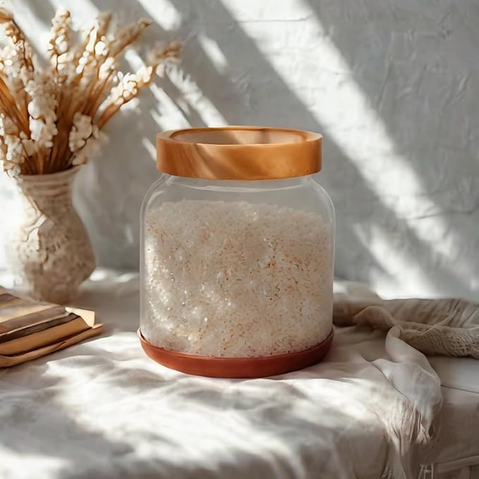 SAIOOL 2-Pack Striped Borosilicate Glass Airtight Canisters - Big mouth Large Capacity, Acacia Wood Lid, Food Storage Jars for Flour, Pasta, Pantry Organization (1/2 Gallon (Strew 2 pack))