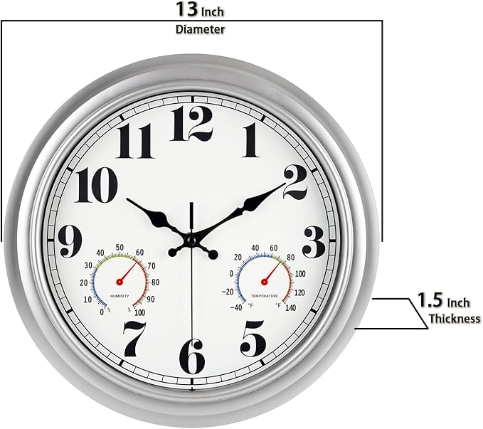 JENLYSTIME 13 Inch Outdoor Clock, Waterproof and Silent, with Thermometer and Hygrometer, Large Numbers for Easy Reading, Perfect for Home,Office,Bedroom,Kitchen,Porch,Garden,Pool(Silver)