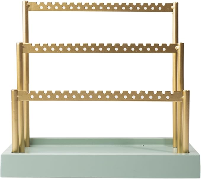 SANY DAYO HOME 3-Tier Earring Holder Organizer Stand, 105 Holes Gold Metal Earring Rack Jewelry Display Tree with Sage Green Wood Tray for Women and Girls